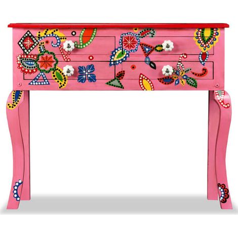 Table Console en Bois de Manguier Massif, Peinture Artisanale Rose, Meuble d'Entrée Style Bohème Chic (1/5)