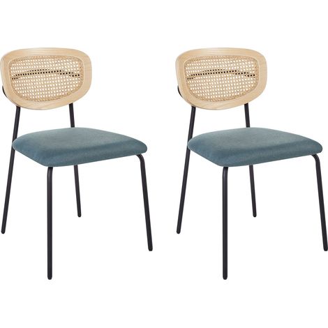 Set di 2 Sedie da pranzo moderne Sgabelli con schienale in rattan a treccia viennese Seduta in poliestere senza braccioli Gambe nere Blu Mayetta