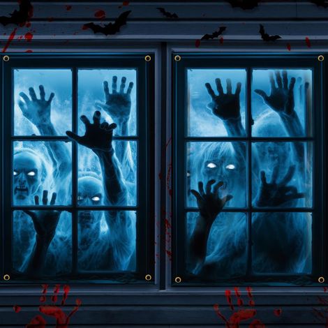 Décorations d'Halloween pour fenêtres : rideaux, guirlandes, fanions pour une fête d'Halloween en extérieur (2 pièces) - 80 x 120 cm - NG-4
