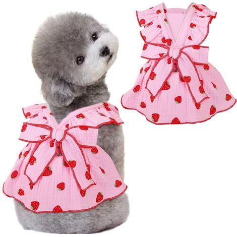 Robes pour chiennes, vêtements en coton avec anneau de laisse et nœud décoratifs, imprimé fraise, robes d'été pour chat (rose, taille S)