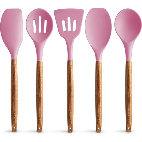 Lot d'ustensiles de cuisine en silicone anti-adhésif avec poignées en bois d'acacia authentique – 5 pièces – Rose (1/5)