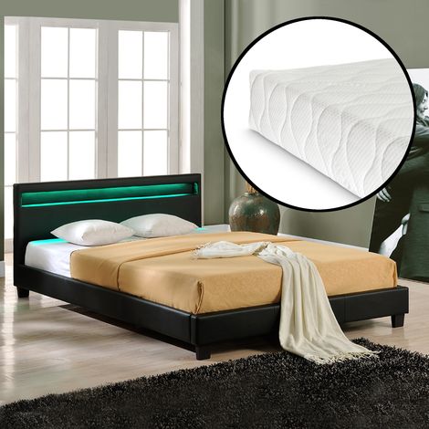 Corium Cama de matrimonio Paris de cuero sintético - con colchón y LED - (180x200cm) - (negro) (1/5)