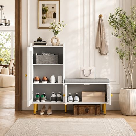 Meuble à chaussures 100×35×83cm, banc rembourré, meuble d'entrée, 3 portes vitrées, étagères réglables, meuble étroit, grande capacité, anti-basculement, pieds en métal, style moderne, MDF, Blanc (1/5)