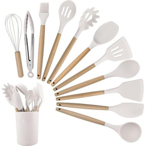 Set of 12 silicone kitchen utensils, heat-resistant, non-stick, dishwasher-safe, ergonomic, food-safe, with storage bucket (1/5)