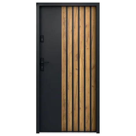 Porte d'entrée pleine en acier H207 x L100 cm - Anthracite avec rayures effet chêne - épaisseur 55 mm - poussant droit - COBRITA (1/5)