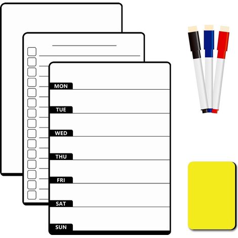 Lot de 3 Tableaux Magnétiques pour Frigo – Planning Hebdomadaire et Pense-bête Aimantés – Inclus 3 Marqueurs + 1 Gomme – Pour Mémos, Notes, Listes et Menus à la Cuisine et au Bureau (1/5)