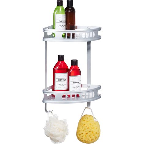 Relaxdays Badeckregal, Dusche, 2 Ebenen, 2 Haken, Wandmontage, HxBxT: 39 x 30 x 23 cm, Duschablage, Aluminium, silber