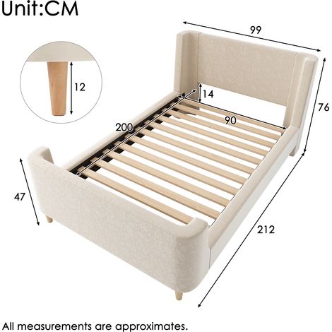 Lit Simple Polsterbett Enfant, 90x200 cm, Motif Cosmique avec Tête de Traîneau, Beige Velours, Pour Garçons et Filles, Sans Matelas (1/4)