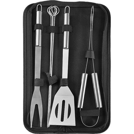 Lot de 7 accessoires de barbecue en acier inoxydable pour le camping et le barbecue en plein air – Comprend une pince à barbecue, une brosse, une fourchette et un sac de rangement pratique (1/5)