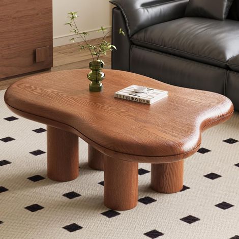 Guyii Table Basse Nuage Mid-Century Moderne avec Plateau Spacieux, Table Centrale Irrégulière de 91 cm de Large avec 4 Pieds Solides, Table de Thé Robuste pour Salon, Noyer