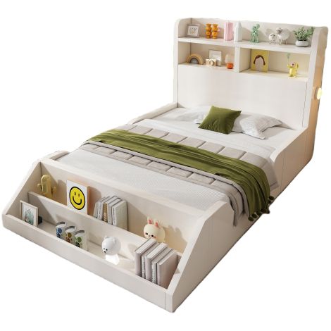 Lit enfant bois 90x200 cm Lit simple avec bibliothèque amovible et veilleuses LED ,étagères-  rangements et sommier inclus - bois - Blanc (1/5)