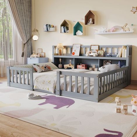 Cama infantil 90x200 cm con somieres de lamas, Cama baja 90x200 cm con biblioteca, Cama individual, Barrera de seguridad, Madera maciza, Gris