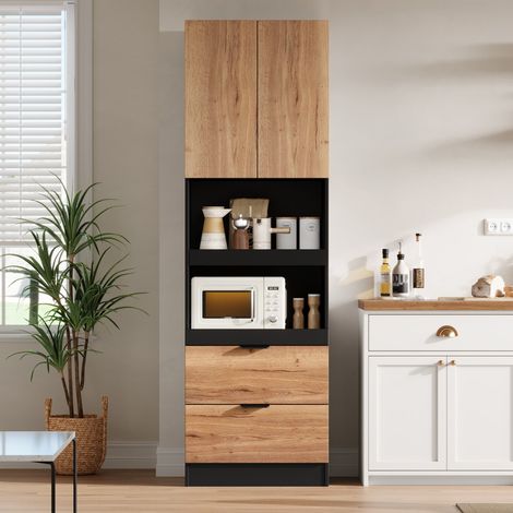MODFU – Armoire de cuisine 60x45x200 cm MDF – Placard, 2 étagères ouvertes et 2 tiroirs – Anti-basculement et charge 60 kg – Cuisine, salon ou salle de bains – Noir (1/5)