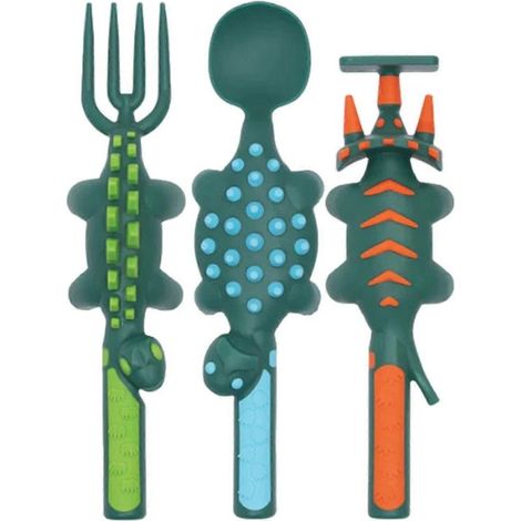 Ensemble de couverts dinosaures pour tout-petits : fourchette, cuillère et poussoir. Un ensemble de couverts amusants pour les repas des enfants. Ustensiles de cuisine sans BPA pour favoriser l'autono (1/5)