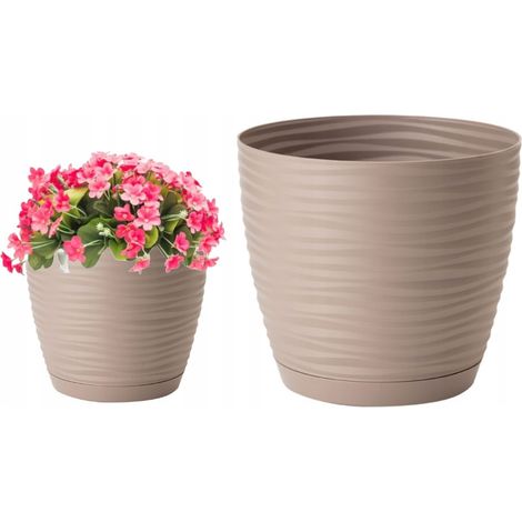 Pot de fleurs rond en plastique avec soucoupe, beige, 12,7 x 11,8 cm
