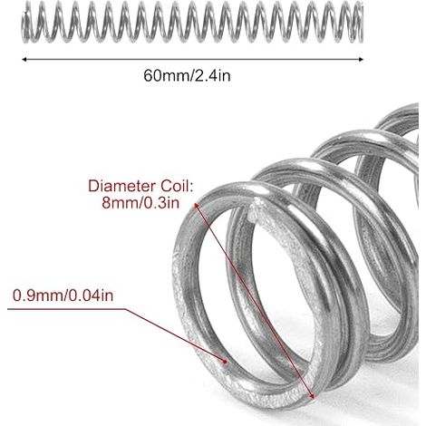 Compression Spring 60 mm Stainless Steel Compression Springs Wire Diameter 0.9 mm Outer Diameter 8 mm Spring Force 2.4 kg (1/4)