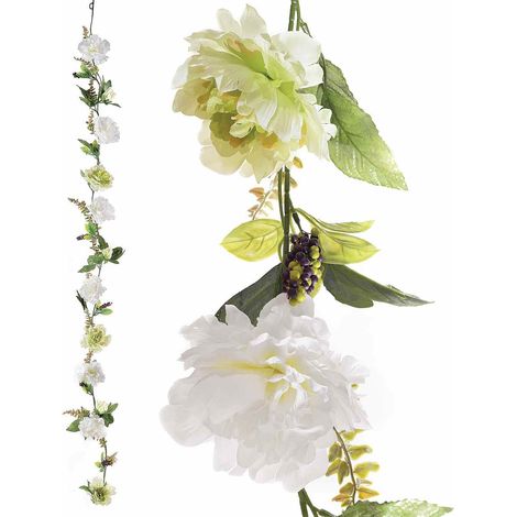 Rami / ghirlande primaverili con peonie bianche e bacche artificiali da appendere, set da 2 pezzi, m 2,20