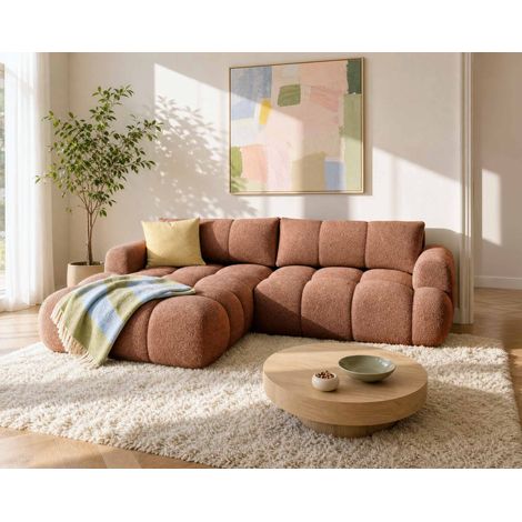 Bestmobilier – Canapé d'angle gauche 4 places convertible avec coffre – Tissu bouclette – Couchage occasionnel – Style contemporain – Couleur rouille