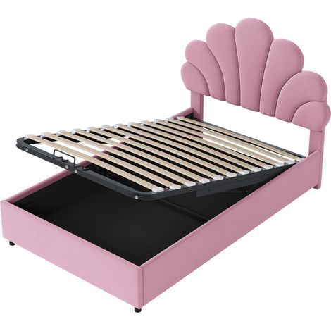 Letto imbottito 90 x 200 cm con testiera floreale, vano contenitore idraulico e velluto rosa