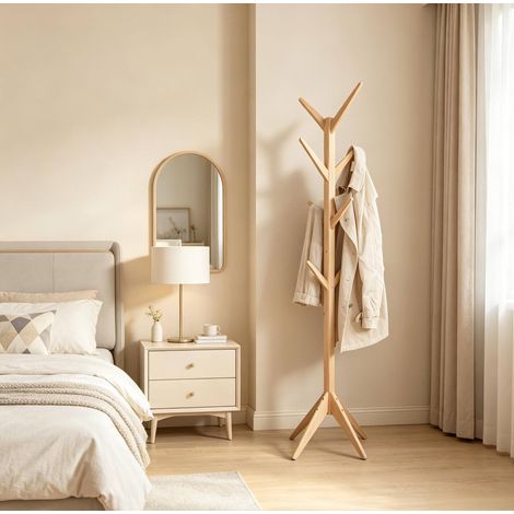 Porte-manteau 43x43x180 cm naturel en bois massif avec 8 crochets (1/5)