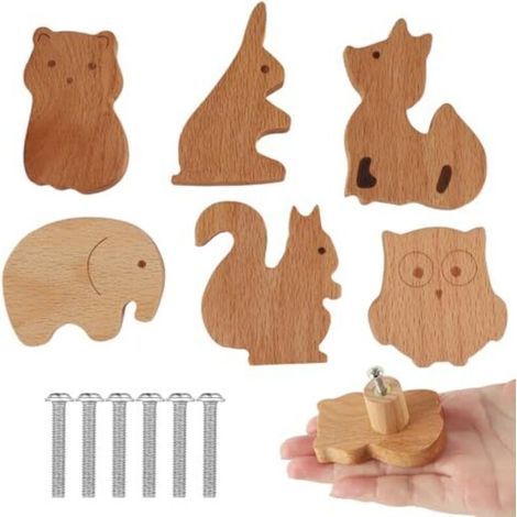 Poignée Meuble, 6 Pièces Boutons en Bois Massif, Motif Animaux Mignons, Texture Natur, Décoration pour Chambre d'Enfant, Boutons pour Commode (1/4)