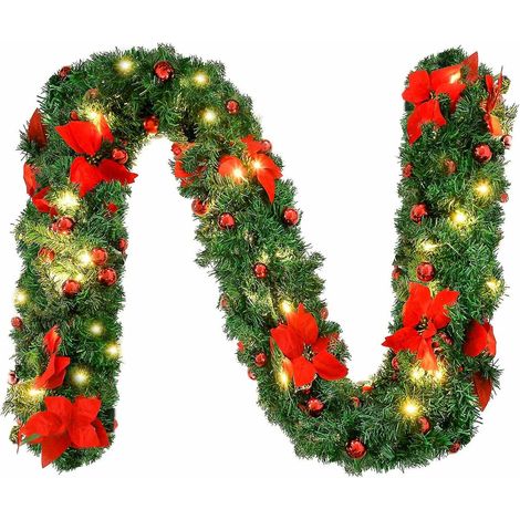 Décorations de Noël pour escaliers : guirlande, couronne, décorations lumineuses, fleurs et boules rouges. (1/3)