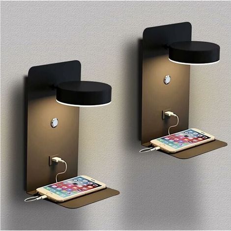 Applique murale salon et entrée,2 Pack Applique Murale Intérieur LED avec port USB 12W Tricolore Dimmable Lampe Murale moderne avec interrupteur Lampe De Lecture murale Rotatif 330°,Noir (1/4)
