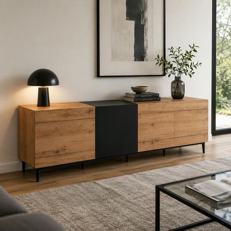 Buffet moderne 4 portes décor bois et noir ALVA (1/5)