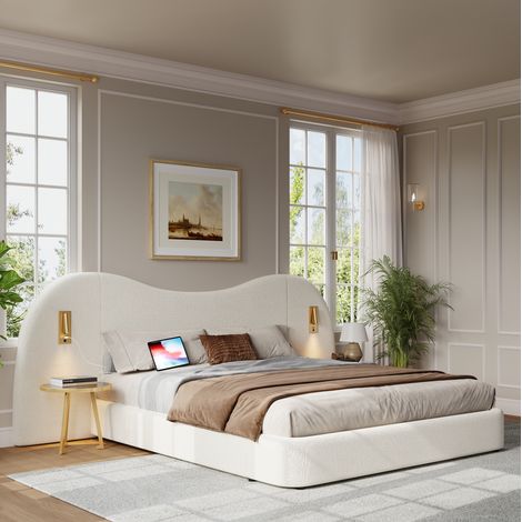 Letto matrimoniale 180x200 cm in bouclé bianco, con contenitore idraulico, rete a doghe, testiera con USB e luci