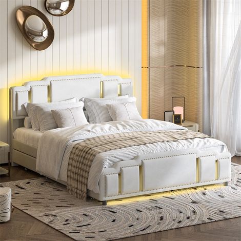 Lit Double 140x200 cm - Cadre de Lit Velours avec 4 Tiroirs, LED Multicolore et Finition Acier Inoxydable - Beige (1/5)