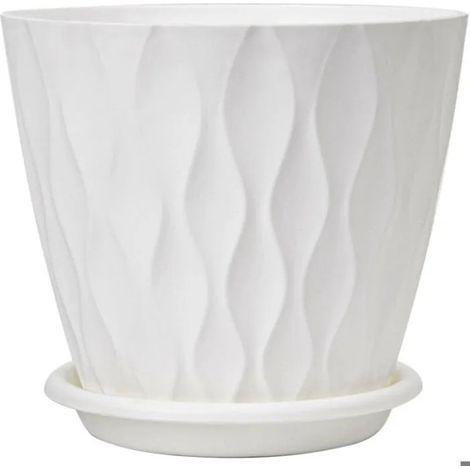 Ensemble de 5 pots de fleurs d'intérieur en plastique, rainurés et rayés, avec trous de drainage et soucoupe, style moderne (1/5)