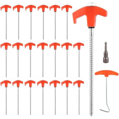 Lot de 20 piquets de tente en métal très résistants - 8 x 200 mm - Piquets de tente lumineux avec douille de perçage, extracteur de piquets et boîte de rangement