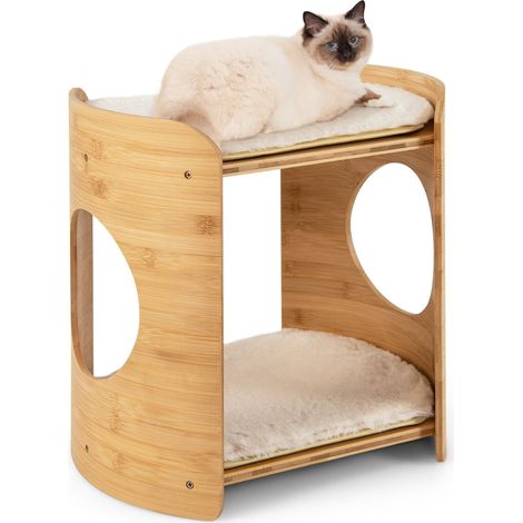 Lit pour chat en bambou avec tapis en peluche amovibles, 2 niveaux