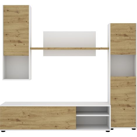 Meuble de salon en panneaux de particules coloris chêne nordique / blanc - Longueur 220 x Profondeur 41 x Hauteur 180 cm -PEGANE- (1/5)