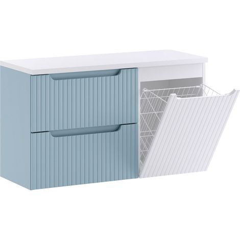 Ensemble suspendu NOVA 100cm avec panier à linge, meuble 2 tiroirs et plan de travail-Bleu/Blanc (1/5)