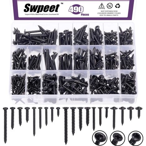 Assortiment de 490 Vis en Acier Zingué 4 6 8 - Auto-Perceuses pour Cloison Sèche - Cruciformes à Tête Plate - Bois Assorties (1/5)