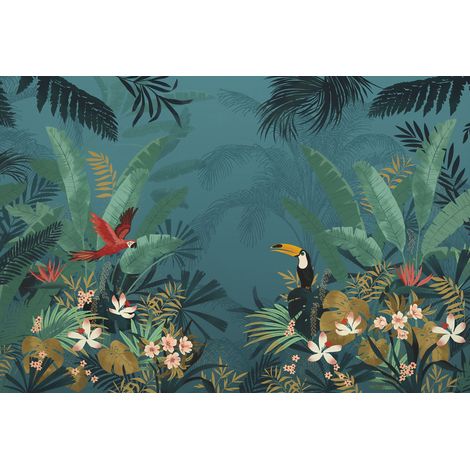 papier peint panoramique jungle enchantée bleu canard et vert  - Sanders & Sanders (1/2)