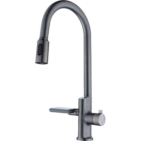 Robinet de cuisine Robinet de cuisine extractible, eau froide et chaude, gris tout en cuivre, affichage numérique, évier domestique sous l'évier, robinet de bassin de légumes (1/5)