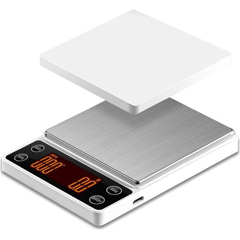 Espressowaage mit Timer, 3 kg/0,1 g Genauigkeit, wiederaufladbare tragbare digitale Waage für Kaffeebohnen, automatische Tara, intelligenter Wasserdurchfluss, weiß.
