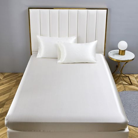 Drap Housse 140x190 Satin Blanc Uni Bonnet 30 cm Soyeux Brillant Luxe Soie Drap de lit en Satin de Soie Polyester Douce Lisse Respirant pour Matelas Épais (1/5)