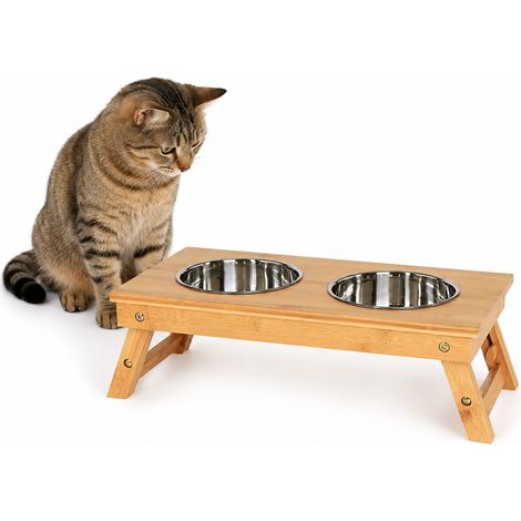 lionto Katzennapfständer aus Bambus, höhenverstellbare Futterstation mit 2 Edelstahlnäpfen, ergonomisch (2×0,7 L) (1/5)