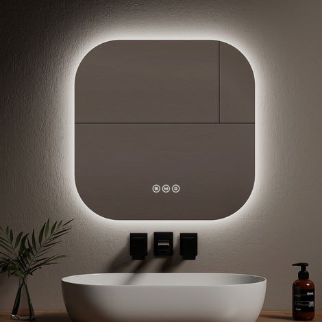 EMKE Backlit Illuminated Bathroom Mirror Square 600mm LED mirror with 3000K / 4000K / 6500K Touch Control, Dimmable, Anti-Fog, Energy-Saving Electric Bathroom Mirror (1/5)