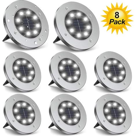 Lampes solaires de sol, 8 lampes LED en forme de disque, éclairage extérieur amélioré pour jardin, allée, terrasse, patio, chemin. (1/5)
