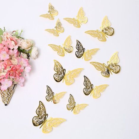 48 pegatinas de pared 3D de mariposas, pegatinas artísticas para manualidades, pegatinas decorativas de pared removibles, Oro rosa (1/5)