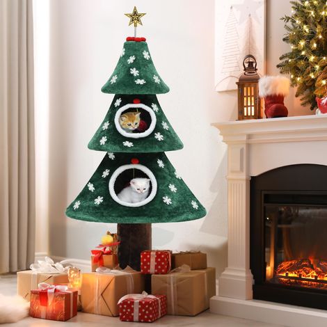 Grand Arbre à Chat de 132 cm avec Maison à Double Couche, Tour pour Chat, avec Jouet pour Chat, Centre d'activités de Jeu pour Chatons, décoration, Vert (1/5)