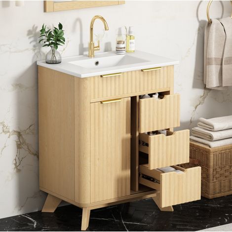 Mueble de baño con lavabo 61x47x90 cm con 3 cajones, puerta corredera y lavabo de cerámica, acabado madera natural (1/5)