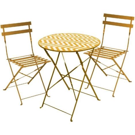 Ensemble de jardin - JUANIO - Ensemble 3 pièces - Table ronde Ø60 cm - 2 chaises pliables - Acier jaune zigzag (1/3)