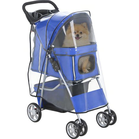Poussette pliante pour chien avec protection de pluie, bleu, roues tournantes et coussin lavable