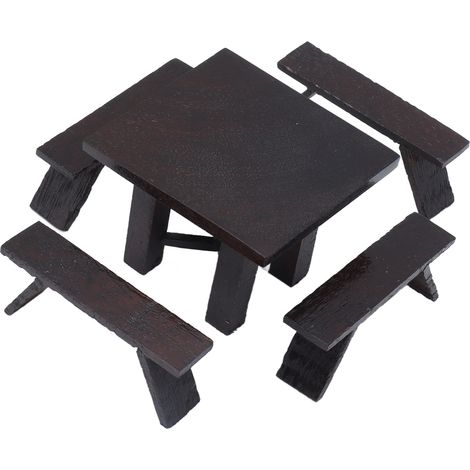 Table miniature noire avec banc en bois et banc, à l'échelle 1:12. Meuble de salle à manger décoratif pour maison de poupée. (1/5)