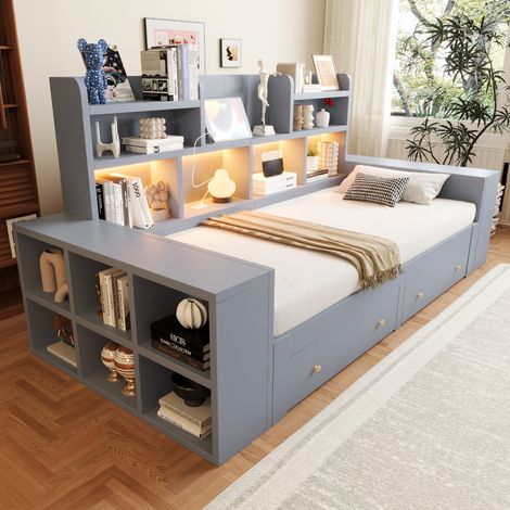Lit banquette 90/180x200cm - canapé-lit extensible + rangements + LED + prise - MDF - gris (1/5)
